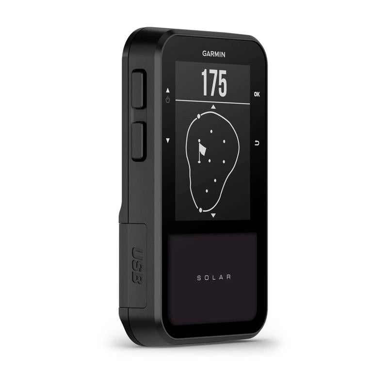 Garmin Approach G20 Solar Handheld Golf GPS angled view golf hole map display.