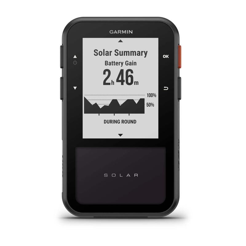 Garmin Approach G20 Solar Handheld Golf GPS front view solar summary chart.