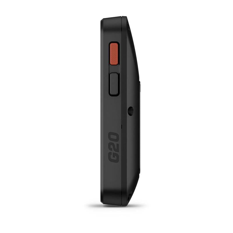 Garmin Approach G20 Solar Handheld Golf GPS side view with orange button.