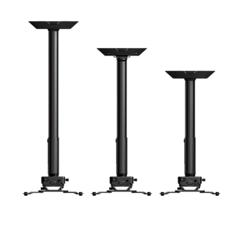 Projector Ceiling Mount with Extension Bar and JR3 Universal Adapter front view showing three height options and black frame.