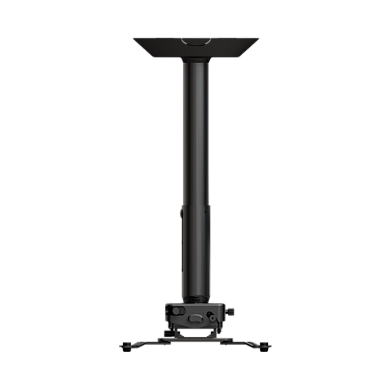 Projector Ceiling Mount with Extension Bar and JR3 Universal Adapter with side view showing full-length black pole and bracket.