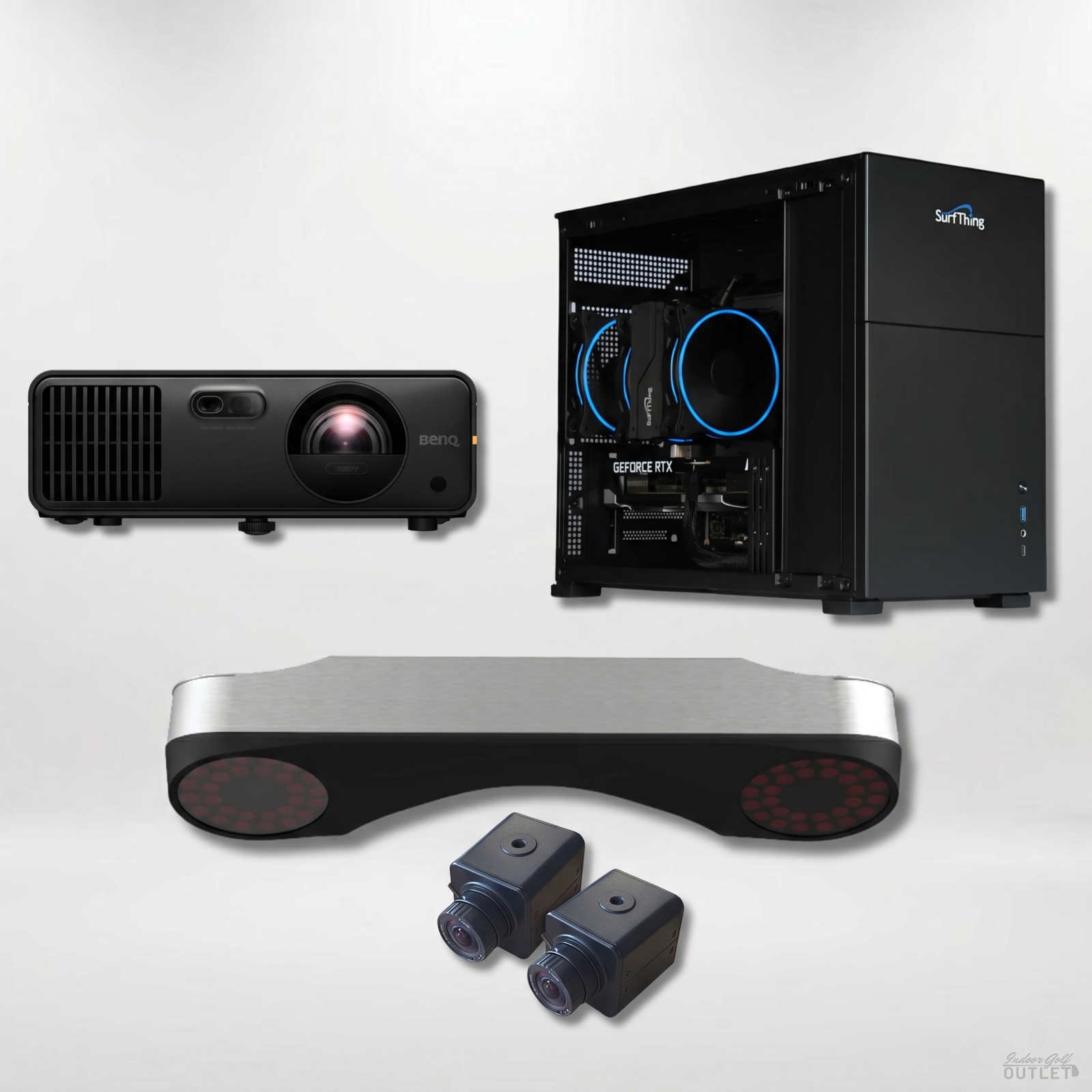 ProTee United VX Launch Monitor Projector Golf Simulator Computer Package — shown with the two ProTee VX swing cameras.