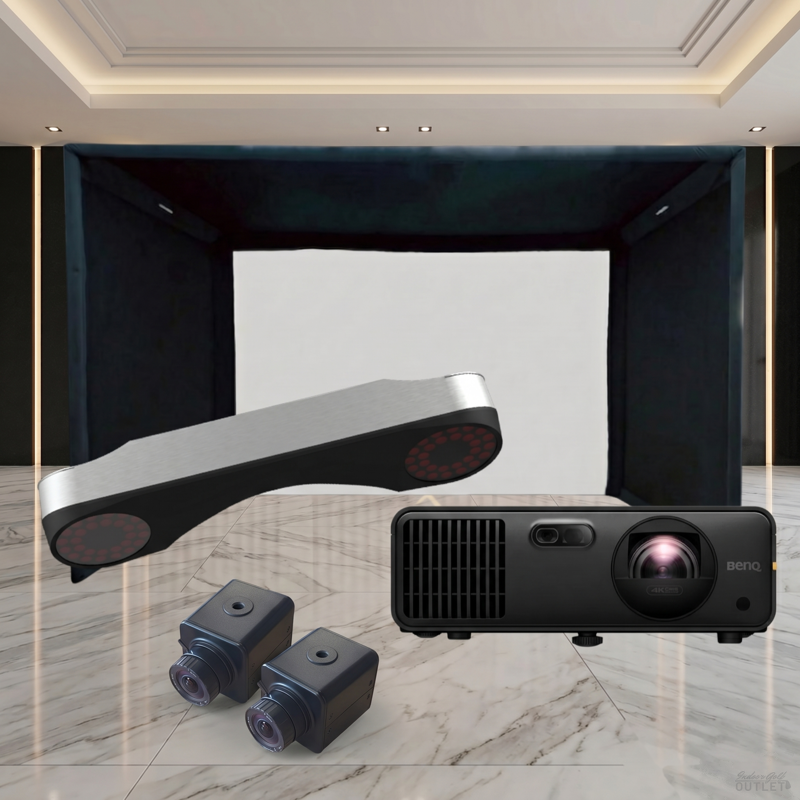 ProTee United VX Launch Monitor SIGPRO Commercial Golf Simulator Enclosure Projector Package — shown with the two ProTee VX swing cameras.