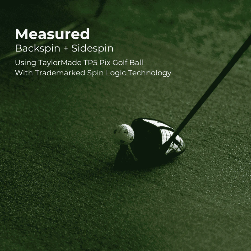 Red Stakes Golf One Golf Launch Monitor close up person hitting golf ball with backspin sidespin text.