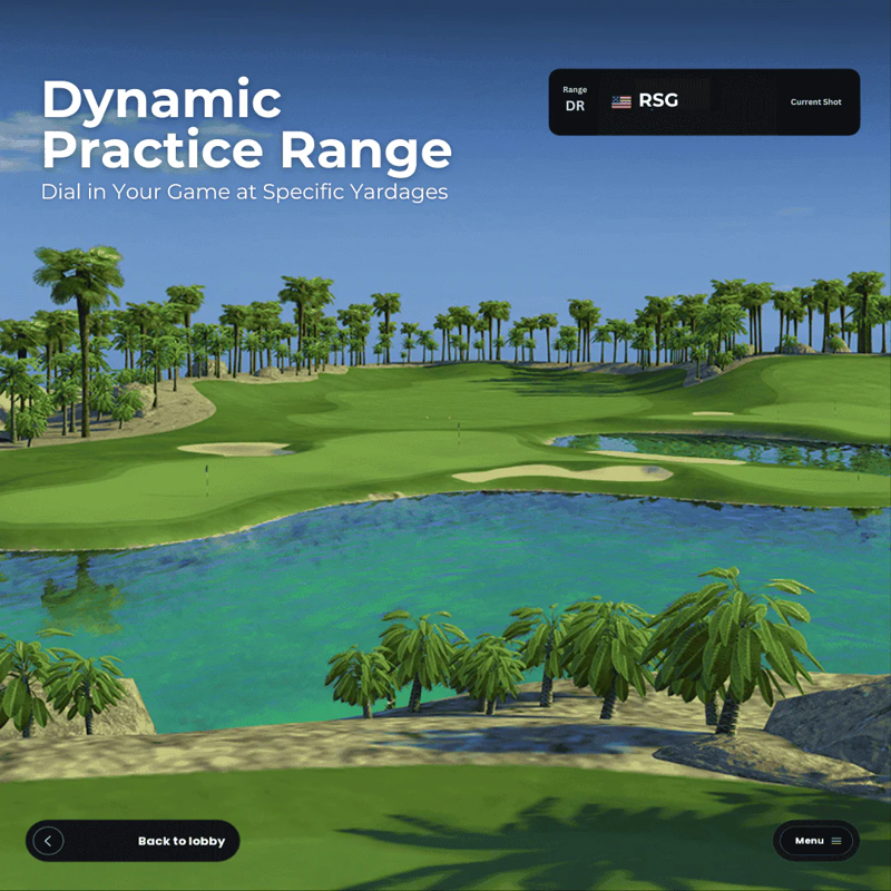 Red Stakes Golf One Golf Launch Monitor practice range tropical course water and palm with feature overlay.