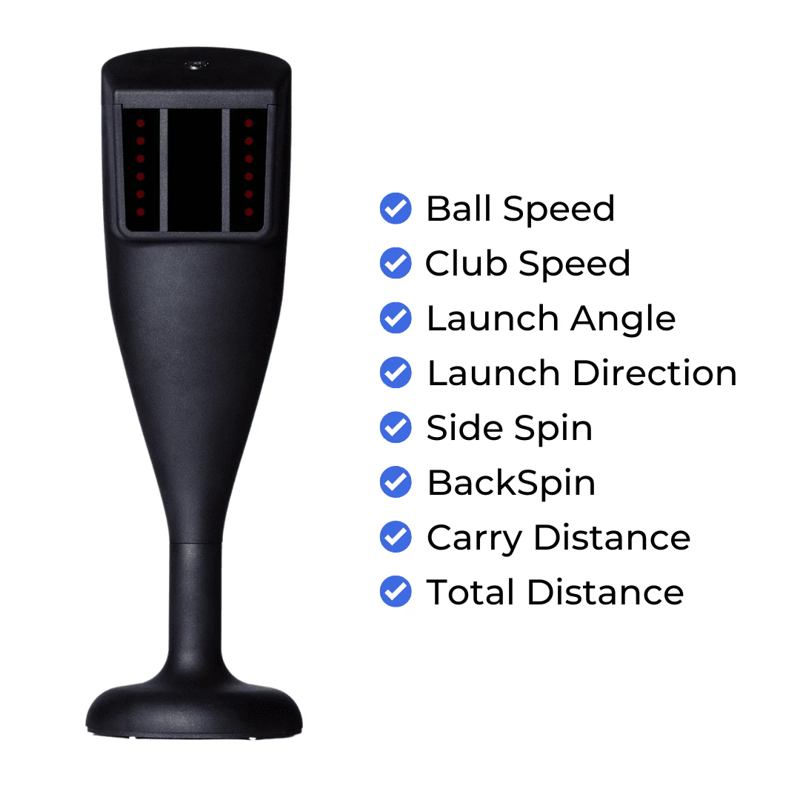 Red Stakes Golf One Golf Launch Monitor with features listed.