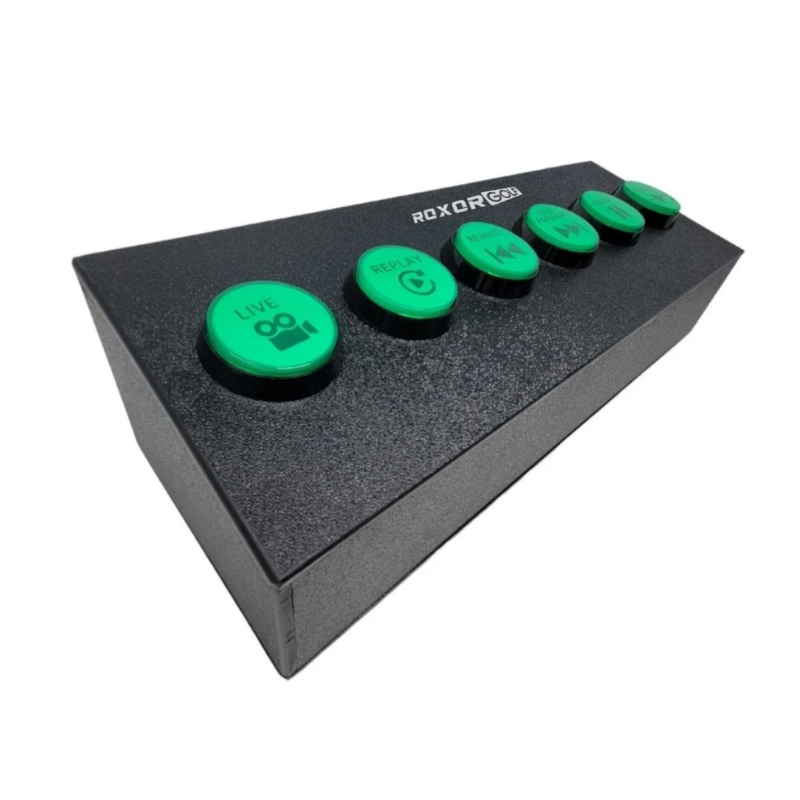 Roxor Golf 6 Button Control Box angled view black case with green live replay scroll.