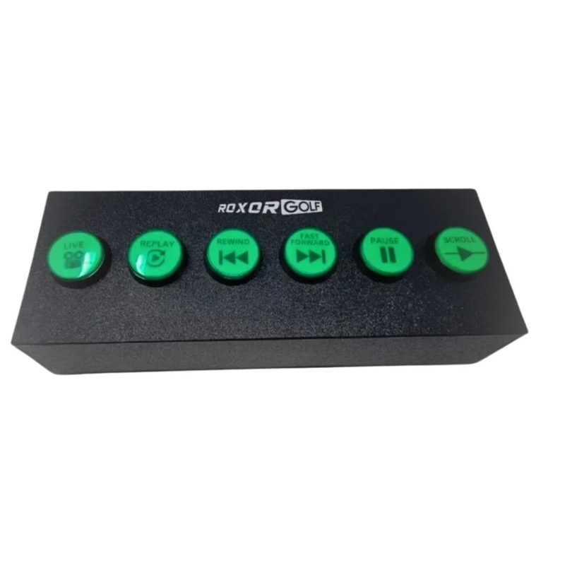 Roxor Golf 6 Button Control Box top view black box with green control buttons and white logo.