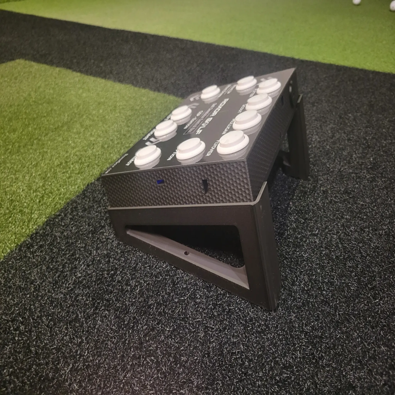 Roxor Golf Control Box GSP-TB Edition right angle full view of control box on golf turf blue indicator light.