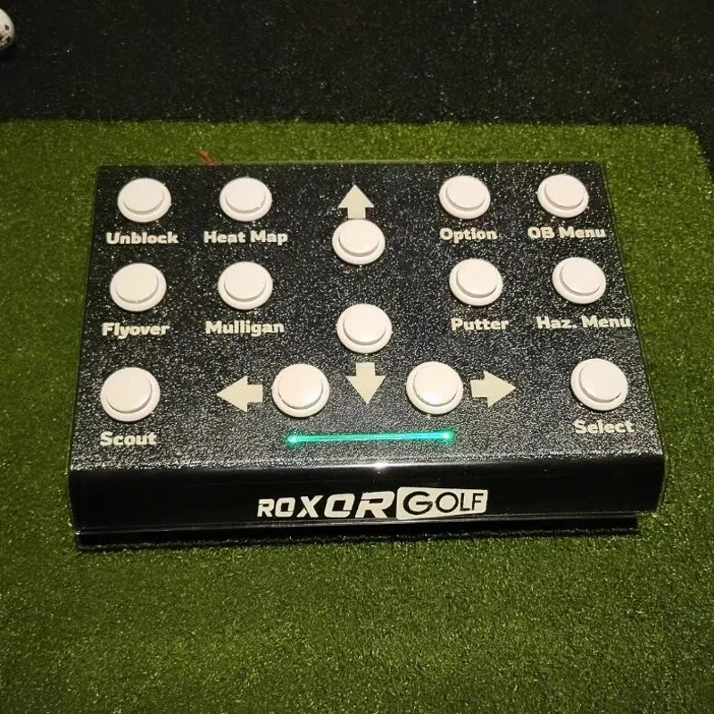 Roxor Golf Rxr 14 Button Control Box top view white buttons green carpet. 