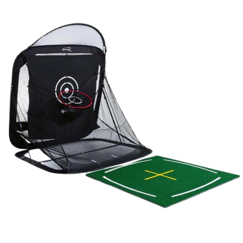 Spornia SPG Golf Practice Net with Academy Golf Mat side view.