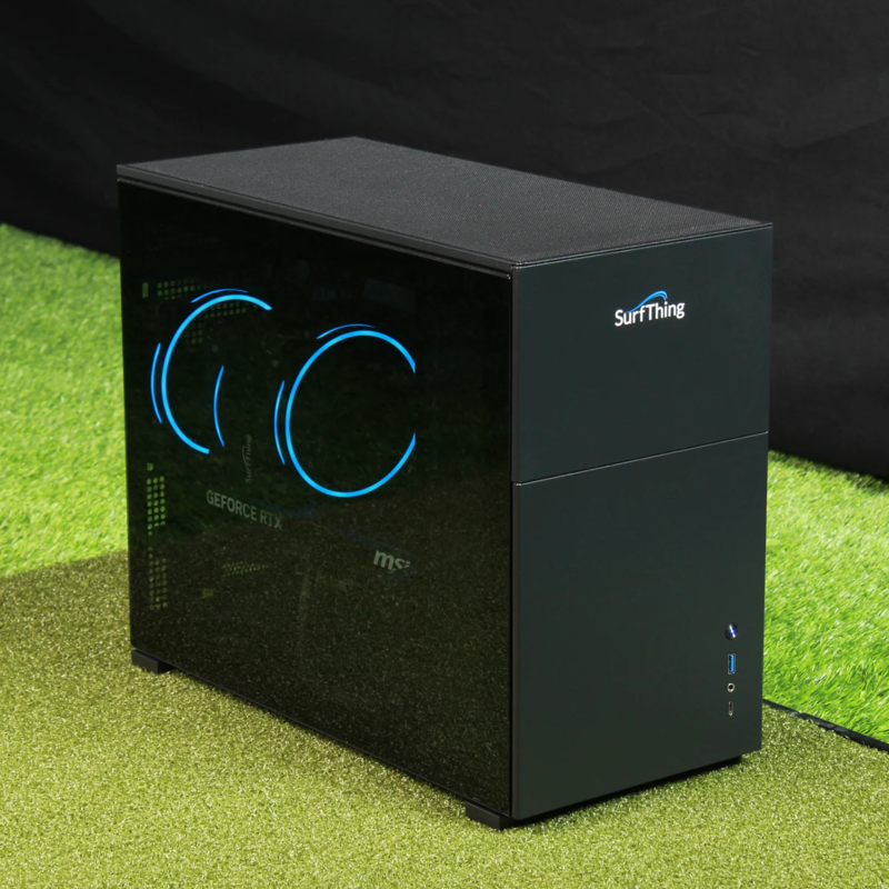 SurfThing SG3 5702 Golf Simulator Computer angled view glass panel blue led rings.