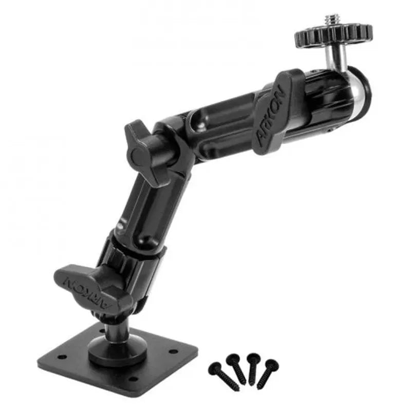 Surfthing Articulating Camera Wall Mount angled view with black case and screws.