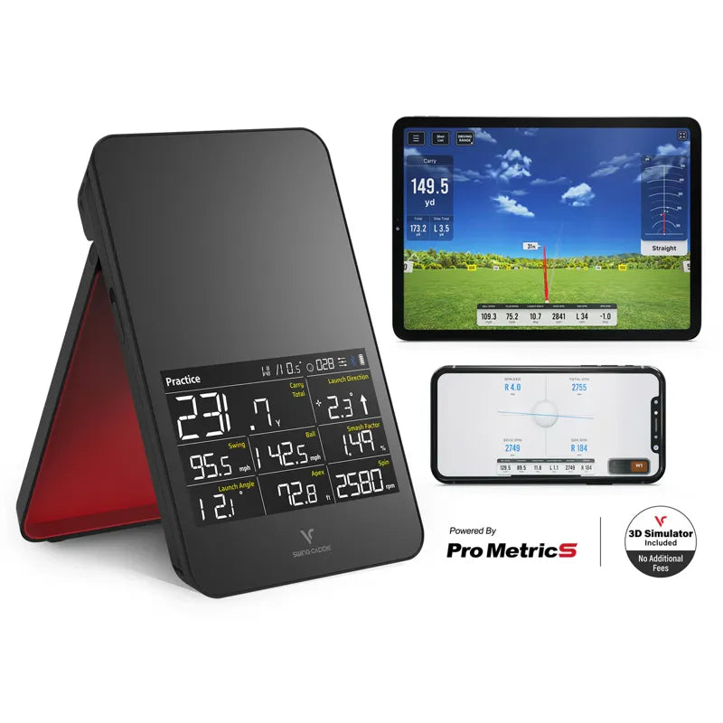 Swing Caddie SC4 Pro Launch Monitor main view with red stand.