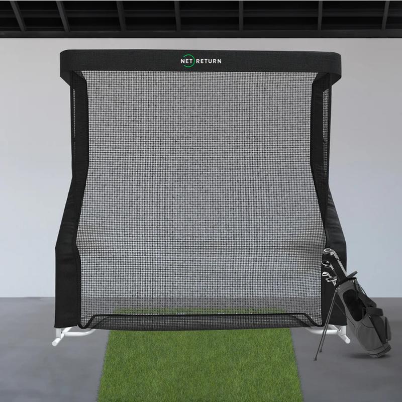 The Net Return Pro Series Golf Net Pro XL front view with golf bag.