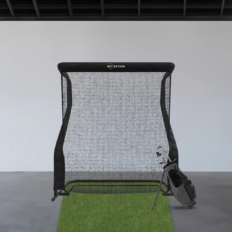 The Net Return Pro Series Golf Net Pro front view with golf bag.