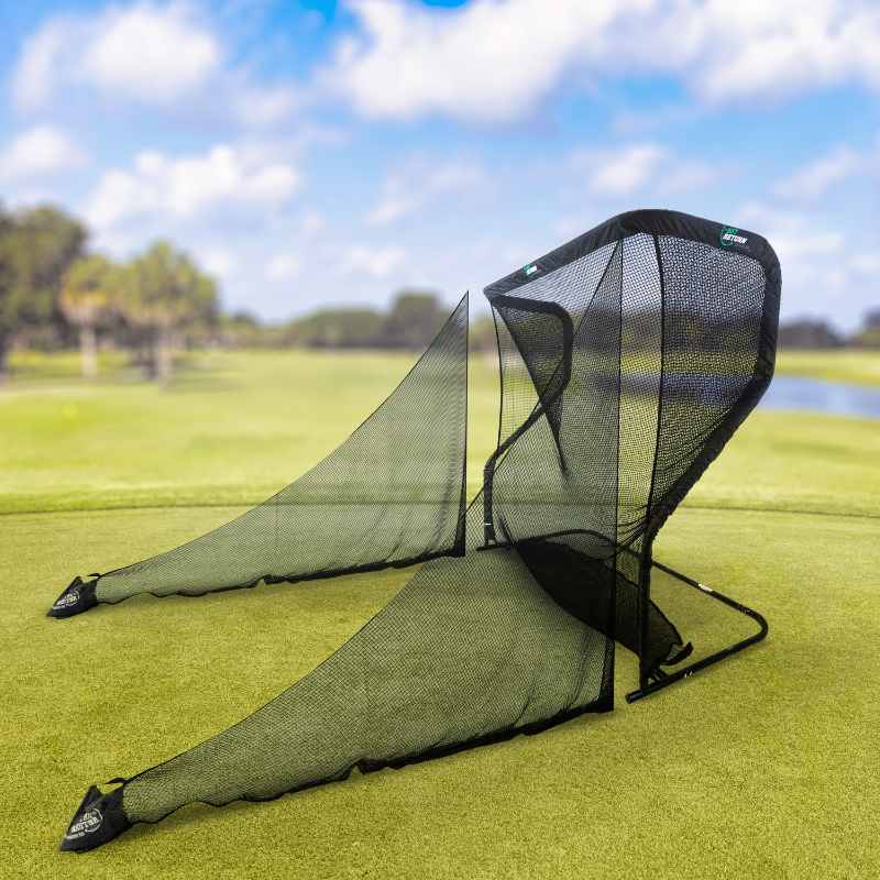 The Net Return Universal Side Barriers displayed on golf tee box.