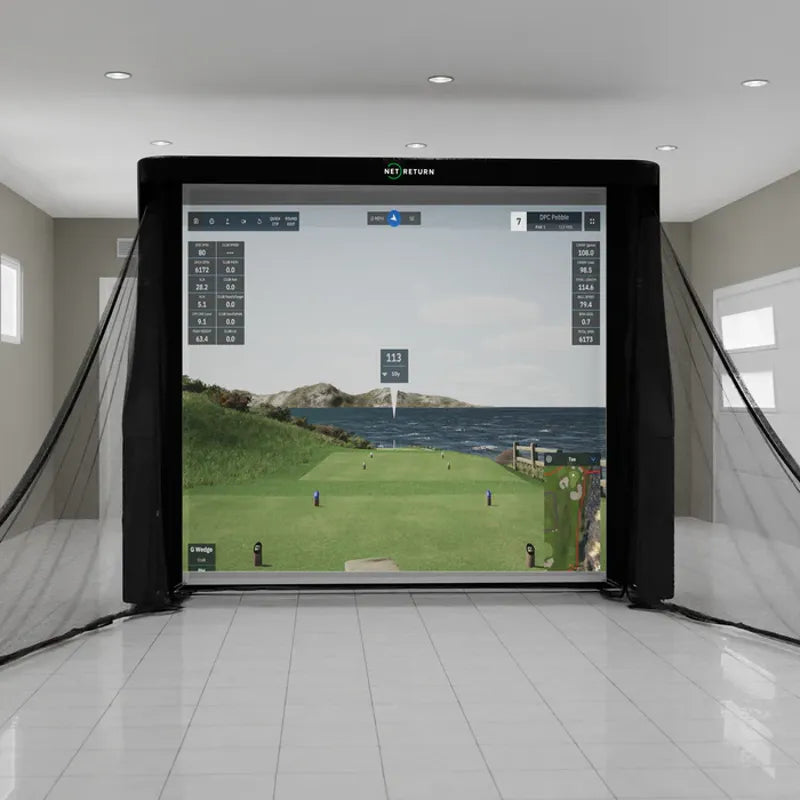 The Net Return Simulator Bay indoor setup with projected image.