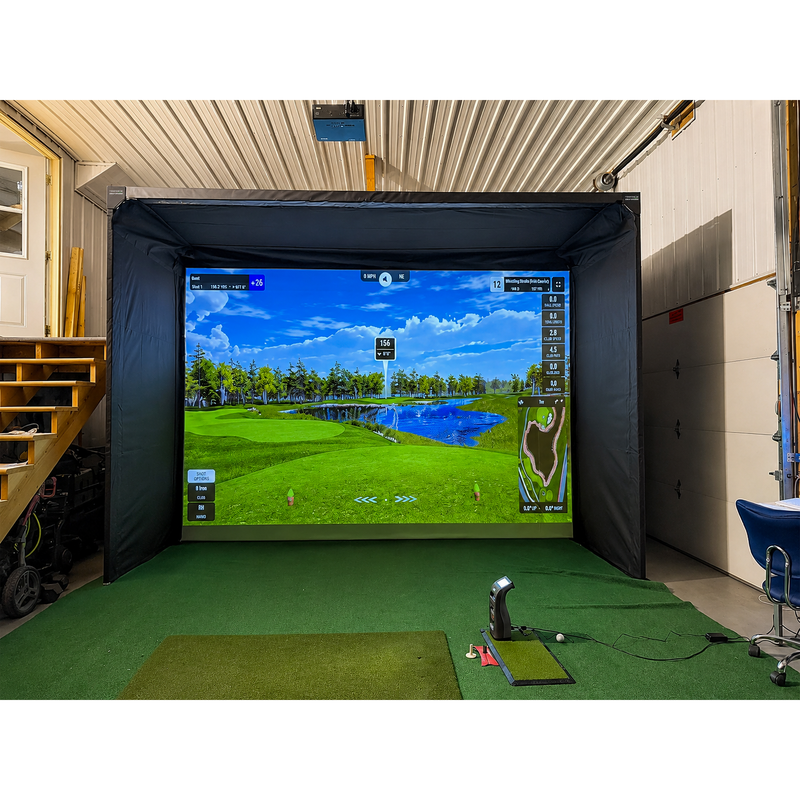 The SportsScreen Parlour Series Golf Simulator Enclosure garage golf room with simulator display.