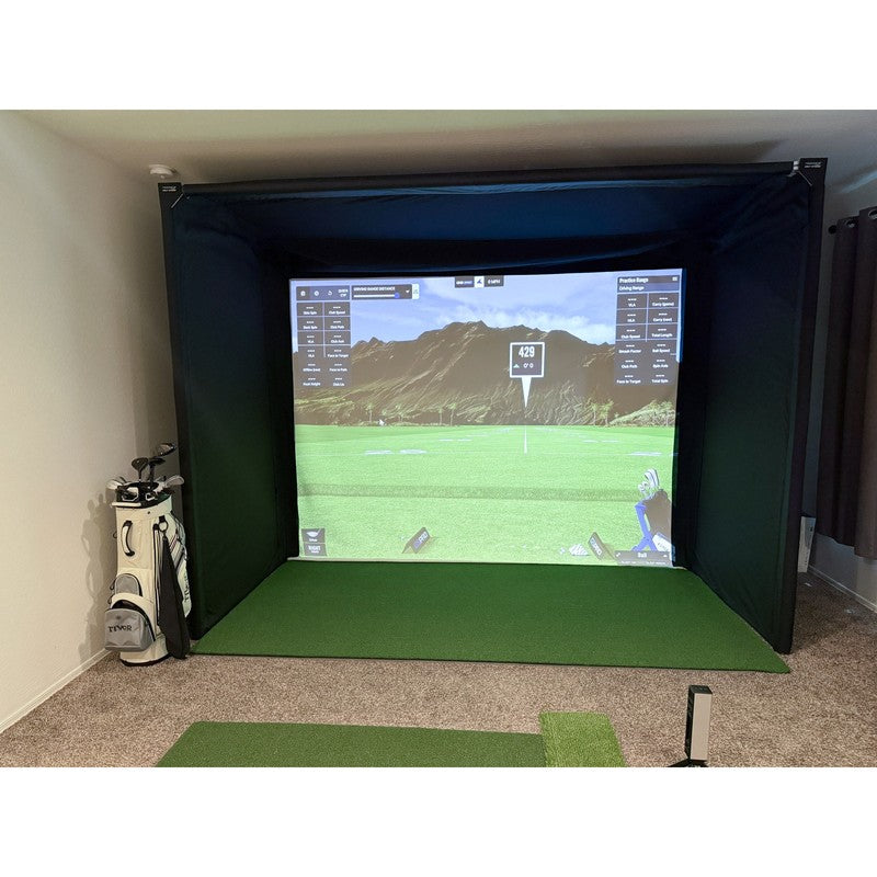 The SportsScreen Parlour Series Golf Simulator Enclosure home studio with projected driving range.
