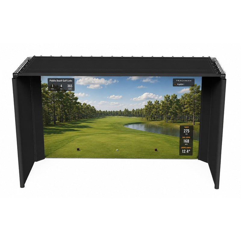 The SportsScreen Parlour Series Golf Simulator Enclosure Parlour 16H render with simulator display.