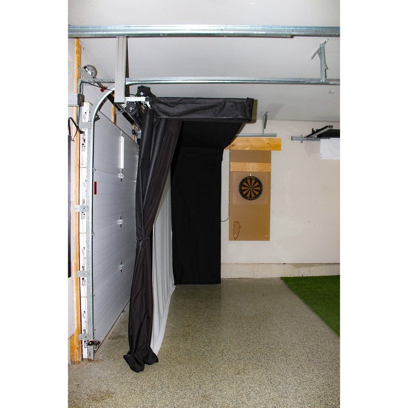 The SportsScreen Vanish LITE Series Golf Simulator Enclosure Custom model mounted along garage door rails.