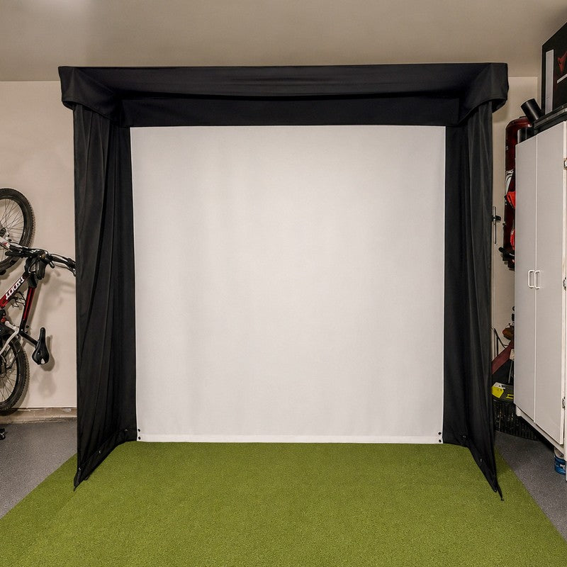 The SportsScreen Vanish LITE Series Golf Simulator Enclosure fully deployed in a home garage.