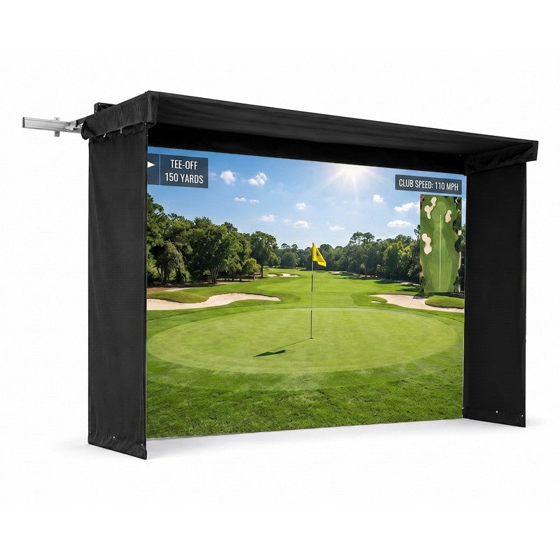 The SportsScreen Vanish LITE Series Golf Simulator Enclosure Vanish LITE 13 render with course projected.