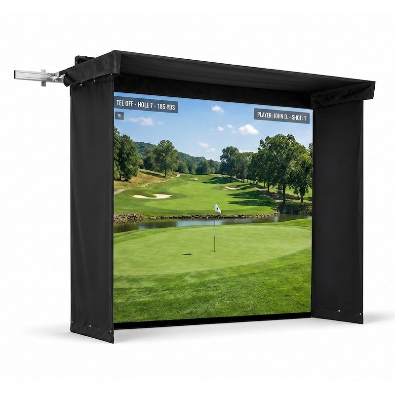 The SportsScreen Vanish LITE Series Golf Simulator Enclosure Vanish LITE 9 render with course projected.