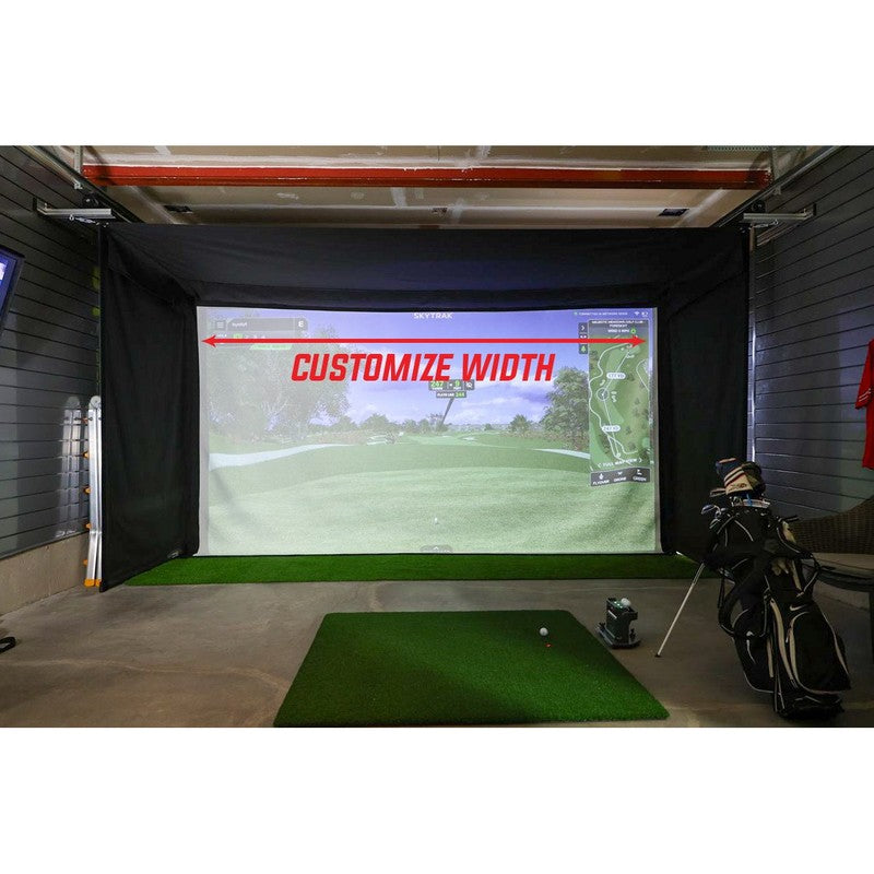 The SportsScreen Vanish Series Golf Simulator Enclosure custom width setup in a garage.