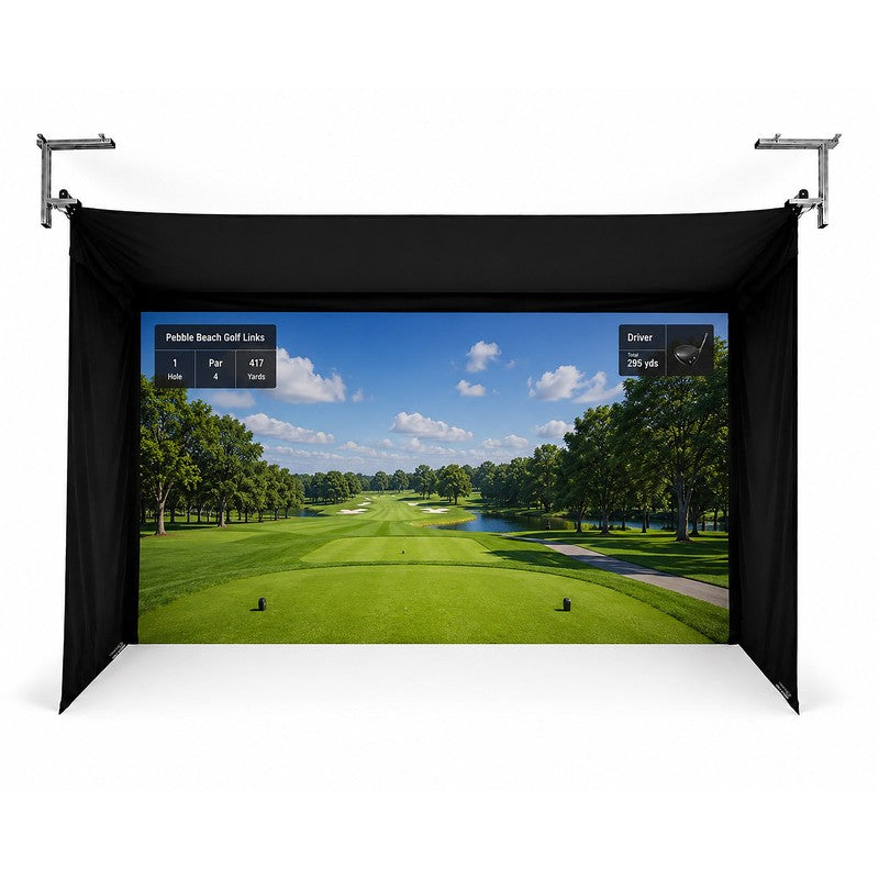 The SportScreen Vanish enclosure in this package with a golf course projected on the impact screen.
