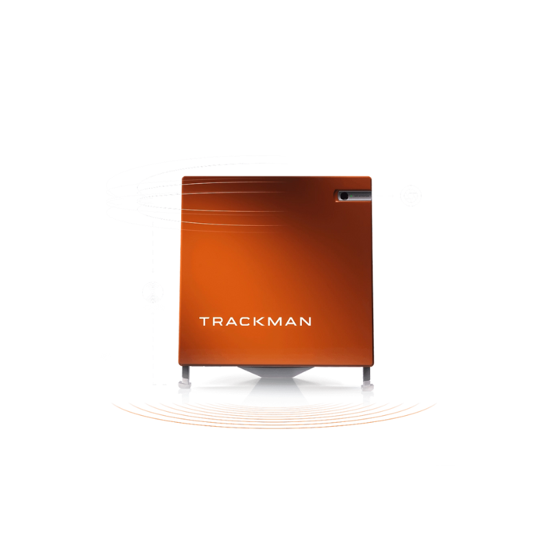 Trackman 4 Golf Launch Monitor front  view orange case white logo.