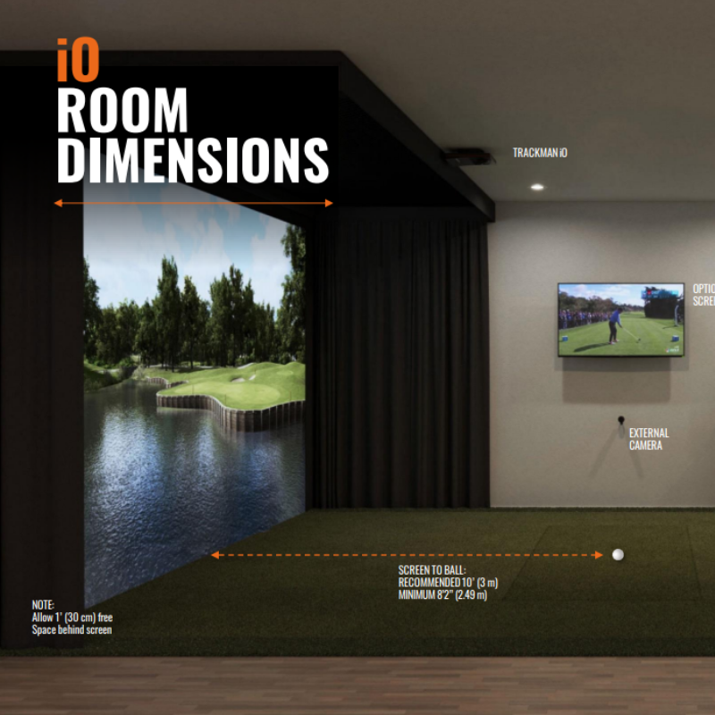 Trackman iO Launch Monitor overall dimensions and recommended distances.