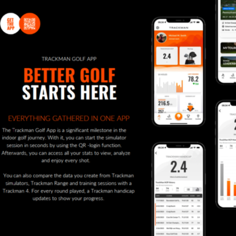Trackman iO Launch Monitor trackman golf app promo with interface screenshots and statistic display.