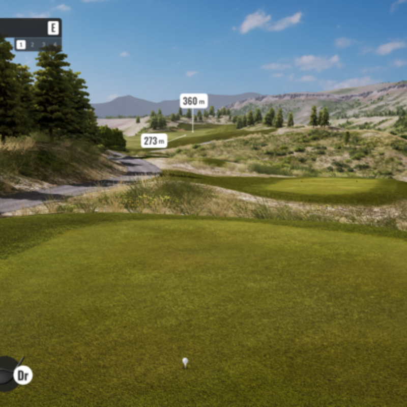 Trackman iO Launch Monitor virtual golf course on screen with distance markers and driver selection.