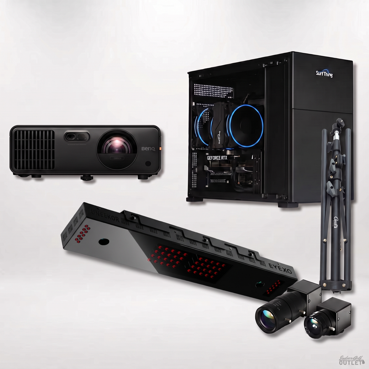 Uneekor EYE XO Computer golf simulator package shown with the two Uneekor Swing Optix swing cameras and a tripod.