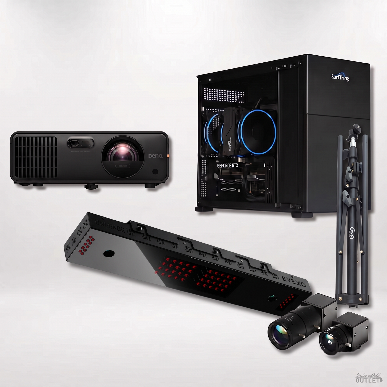 Uneekor EYE XO Computer golf simulator package shown with the two Uneekor Swing Optix swing cameras and a tripod.
