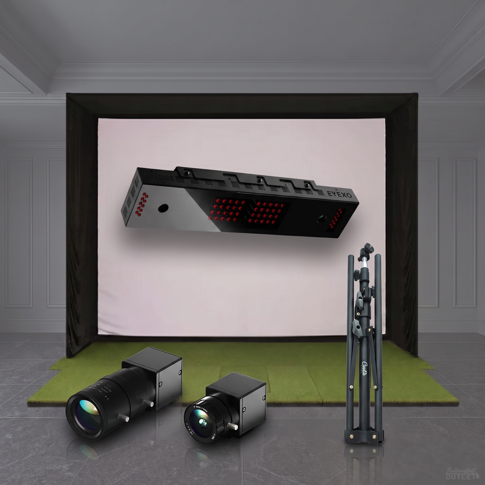 Uneekor EYE XO SIG golf simulator package shown with the two Uneekor Swing Optix swing cameras and a tripod.