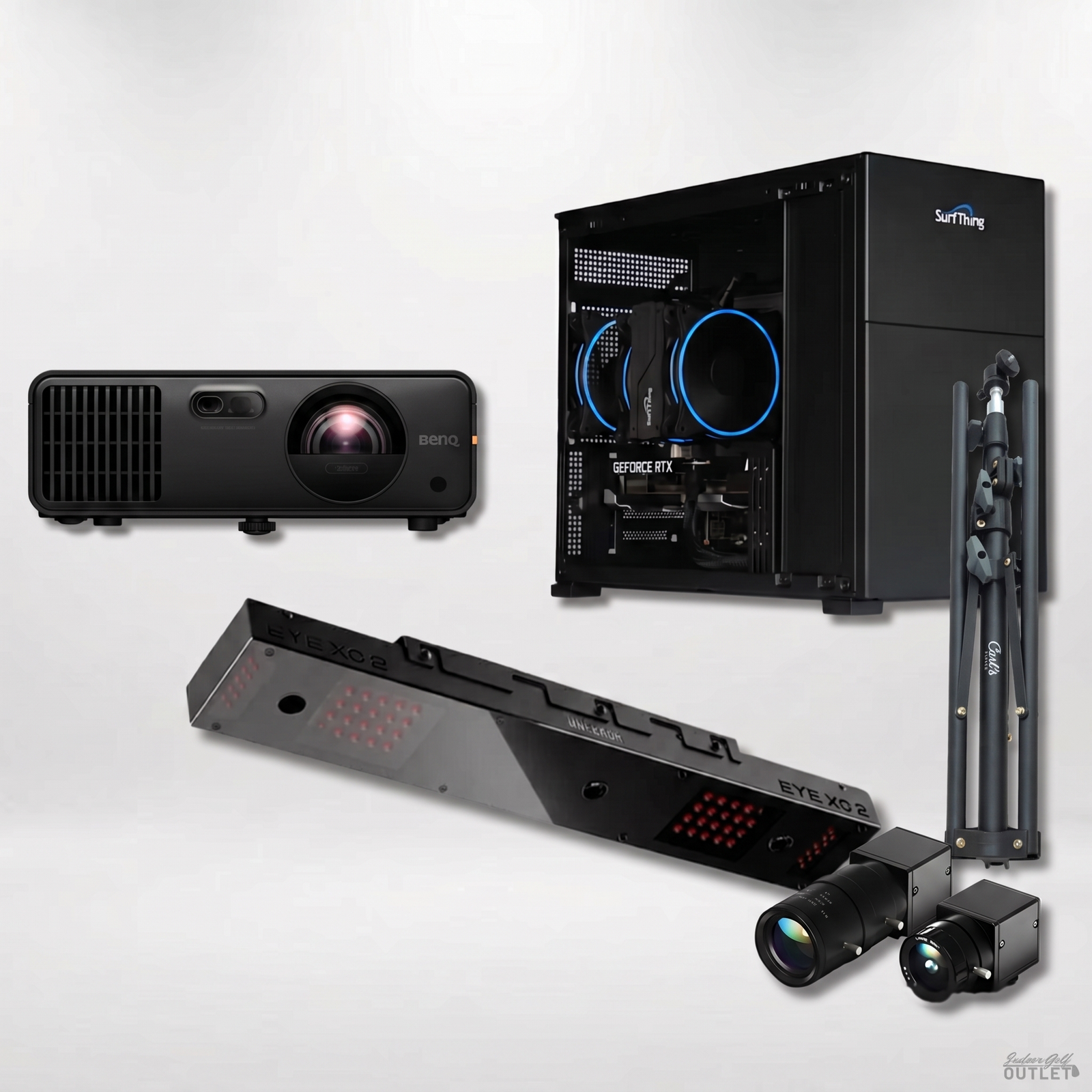 Uneekor EYE XO2 Computer golf simulator package shown with the two Uneekor Swing Optix swing cameras and a tripod.