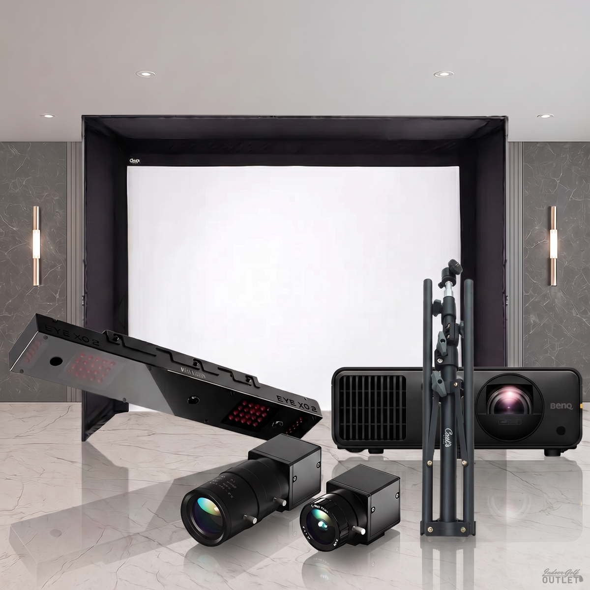 Uneekor EYE XO2 DIY golf simulator package shown with the two Uneekor Swing Optix swing cameras and a tripod.