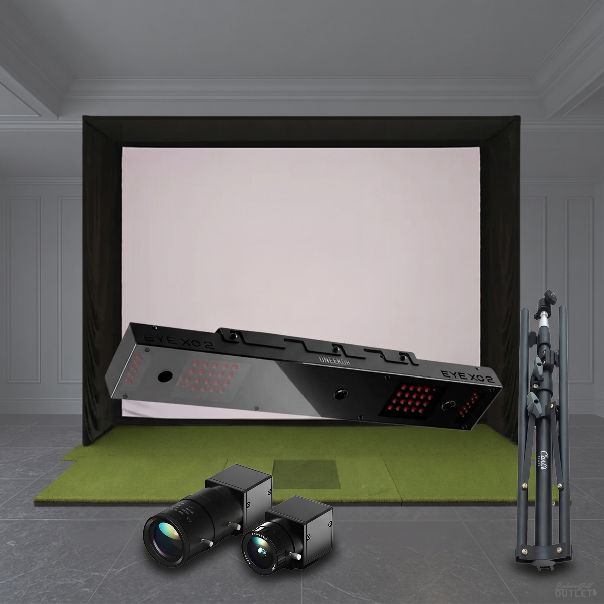 Uneekor EYE XO2 SIG golf simulator package shown with the two Uneekor Swing Optix swing cameras and a tripod.