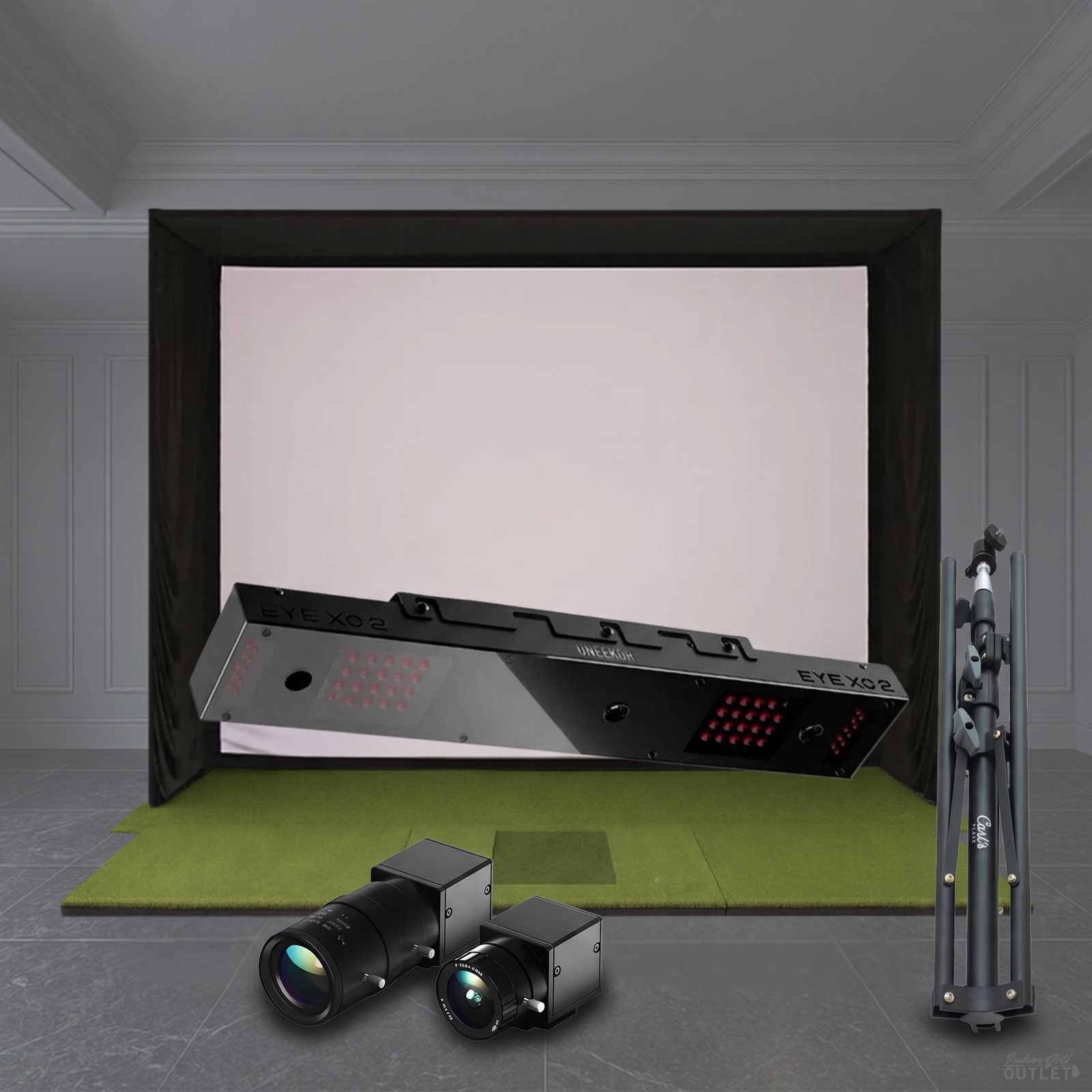 Uneekor EYE XO2 SIG golf simulator package shown with the two Uneekor Swing Optix swing cameras and a tripod.