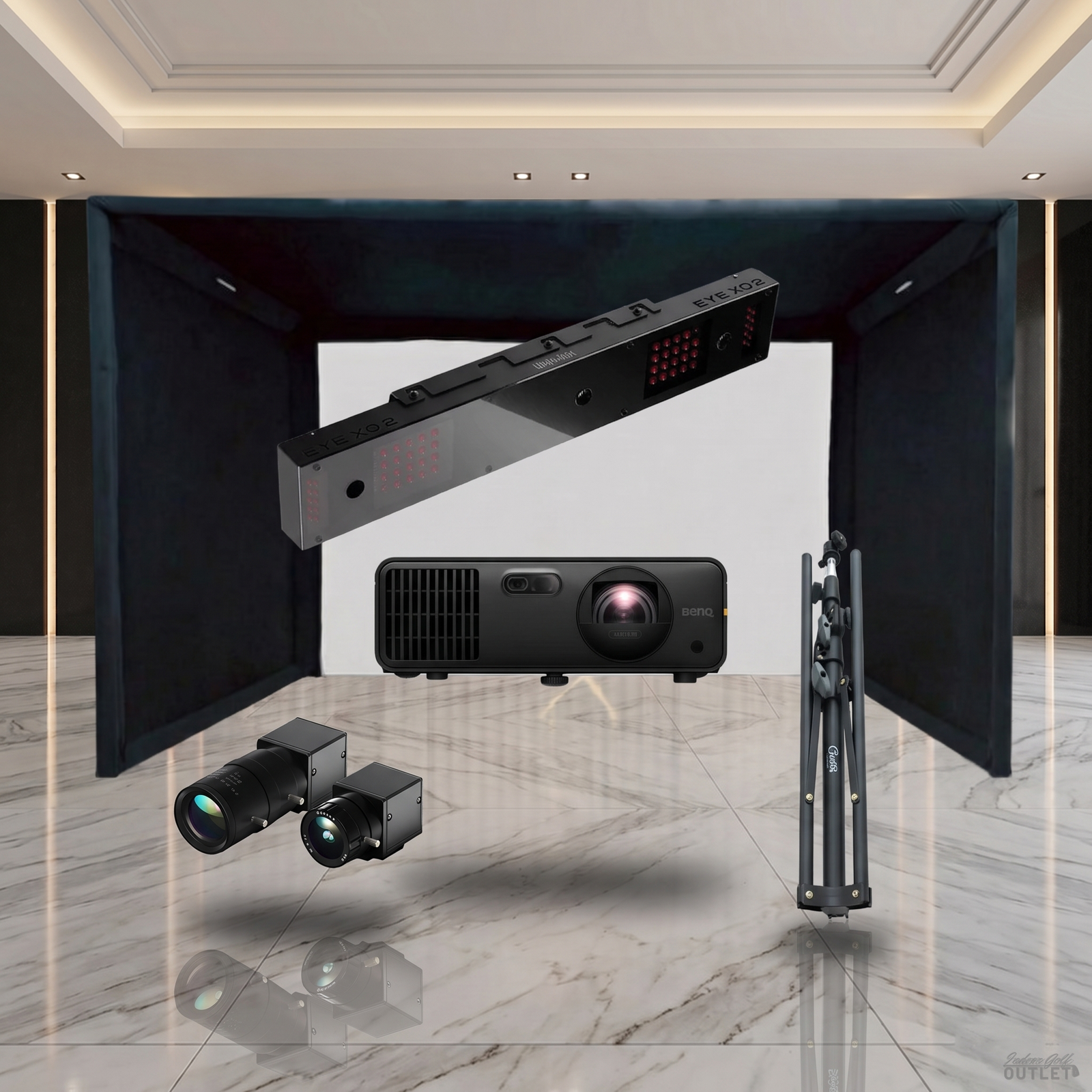 Uneekor EYE XO2 SIGPRO Commercial golf simulator package shown with the two Uneekor Swing Optix swing cameras and a tripod.