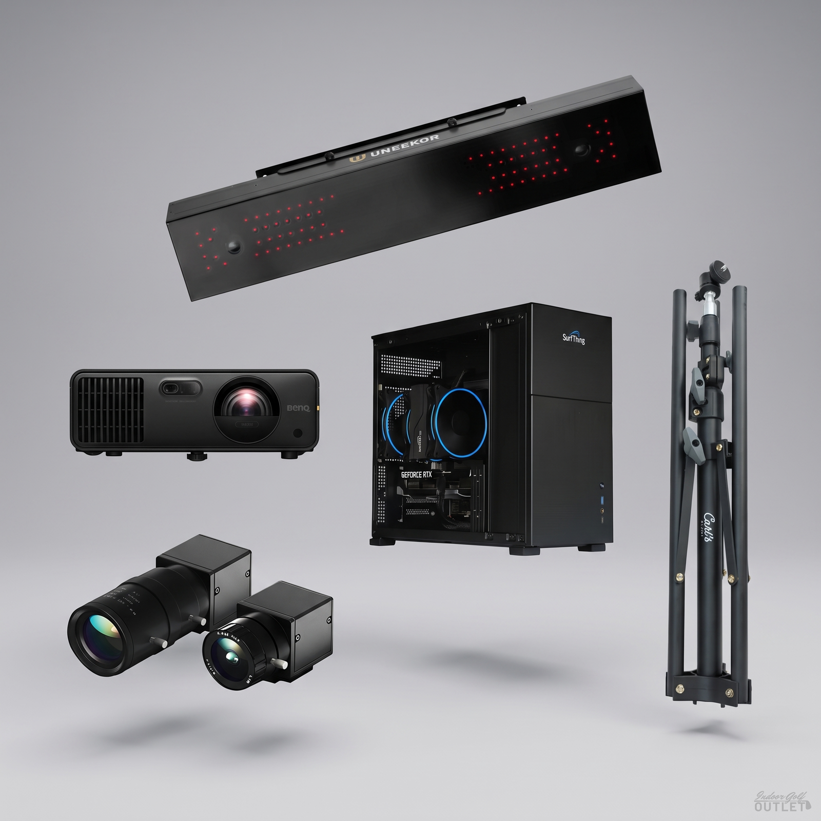 Uneekor EYE XR Computer golf simulator package shown with the two Uneekor Swing Optix swing cameras and a tripod.