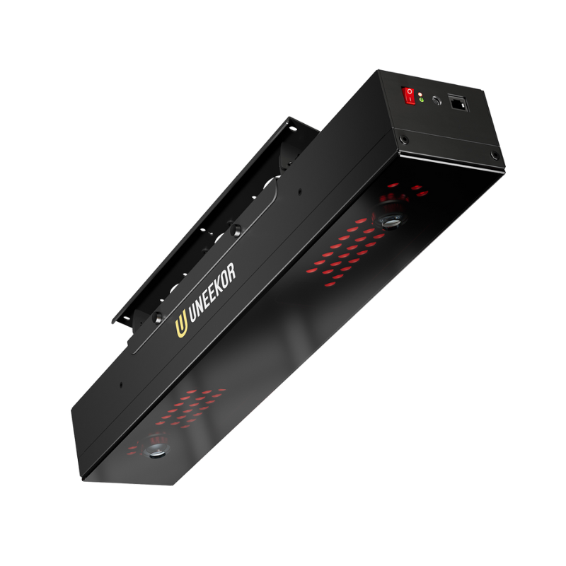 Uneekor EYE XR Launch Monitor angled view uneekor logo visible red sensor array.