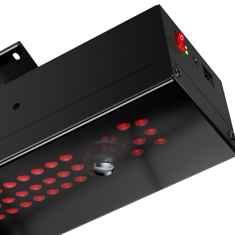 Uneekor EYE XR Launch Monitor bottom corner angle red switch and sensor lights.