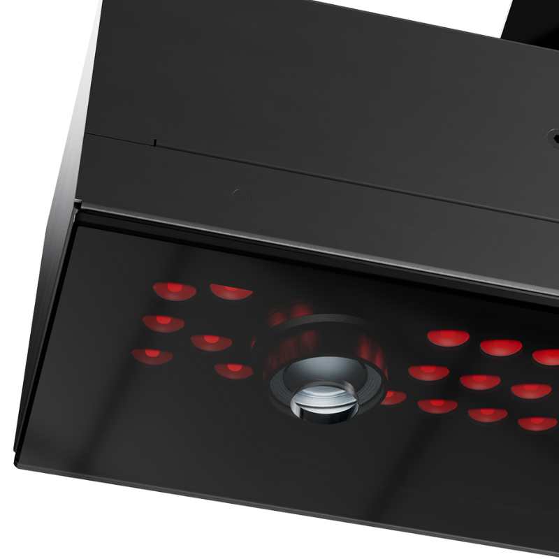 Uneekor EYE XR Launch Monitor closeup angle lens and red sensor lights.