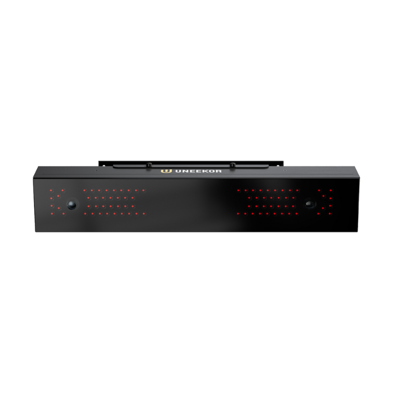 Uneekor EYE XR Launch Monitor front view uneekor logo red infrared lights.