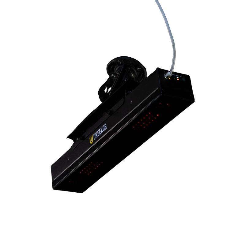 Uneekor EYE XR Launch Monitor mounted ceiling angle power cable attached.