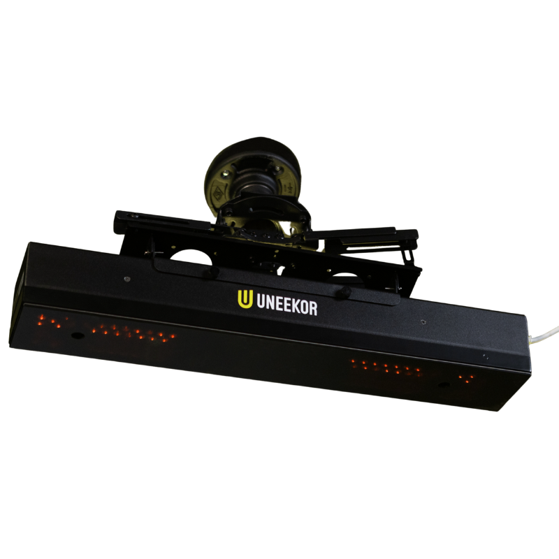Uneekor EYE XR Launch Monitor mounted top angle red lights visible.